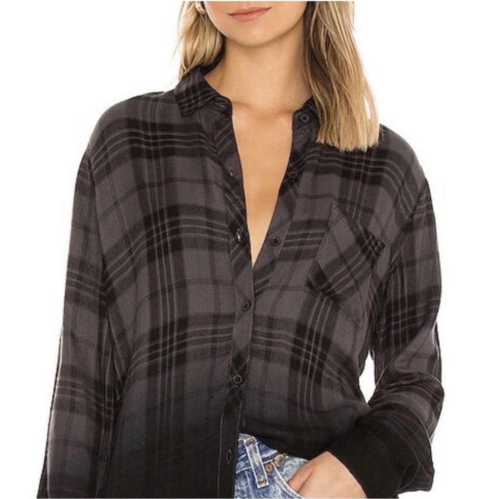 Rails Hunter Charcoal Dip Dye XS Ombre plaid button front shirt Classic Black